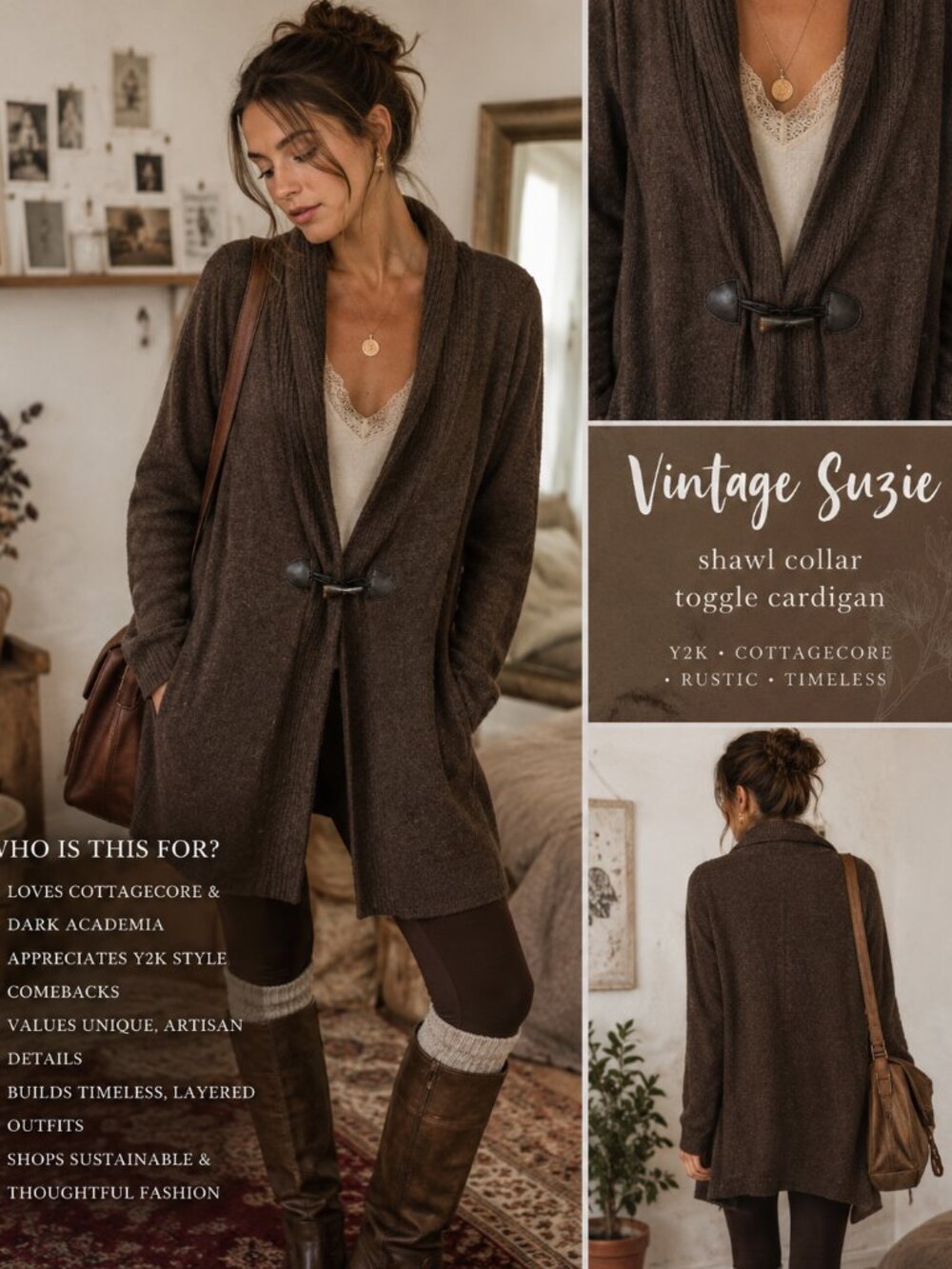 Y2K Vintage Suzie Long Line Cardigan Sweater M Brown Toggle Closure Shawl Collar